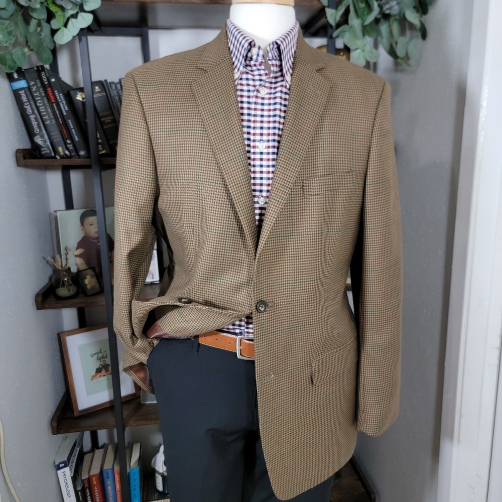 Greg Norman for Tasso Elba Mens Sport Coat Two Button Brown Houndstooth Poly 42L